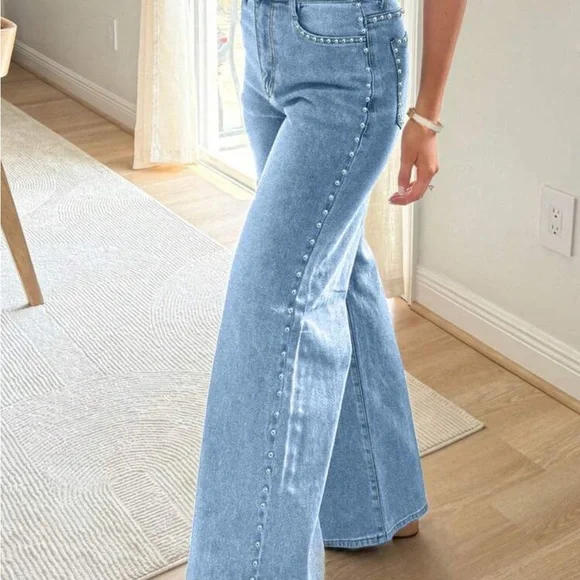 Women's Light Blue Flared Jeans with Silver Stud Accents - Picture 1 of 12